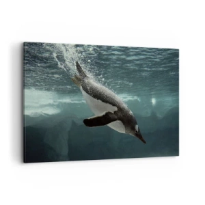 Impression sur toile - Image sur toile - Un pingouin plongeant dans les profondeurs de l'eau glacée - 120x80cm - Bienvenue dans mon monde - Décoration murale moderne pour le salon et la chambre ARTTOR