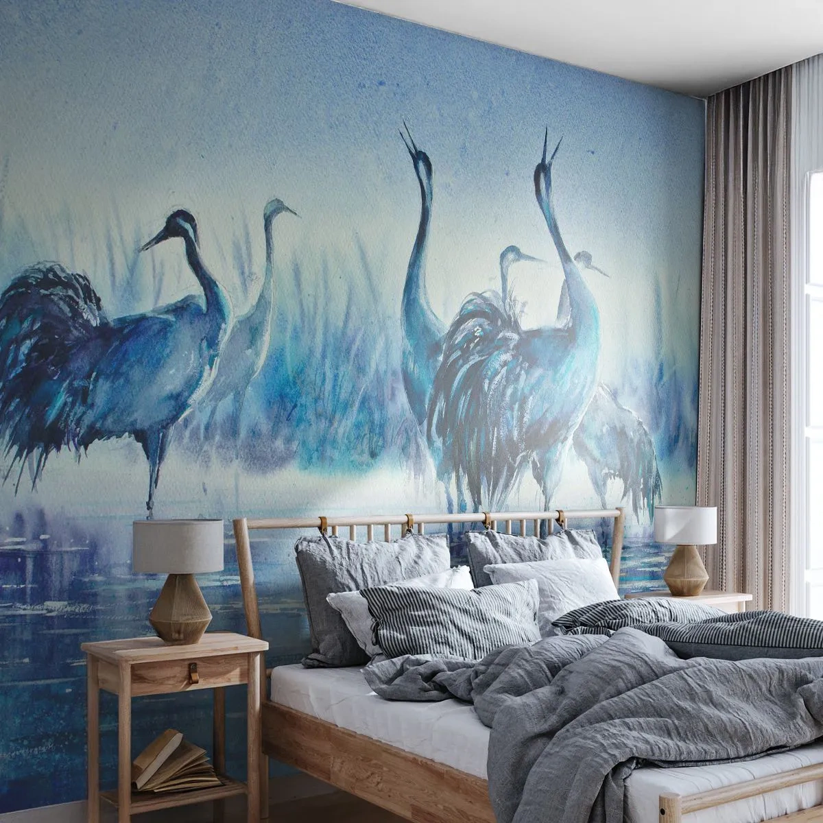 Papier Peint Autocollant Deluxe Sticker - Réunion matinale - Des oiseaux, Paysage, Eau - 100x70 cm
