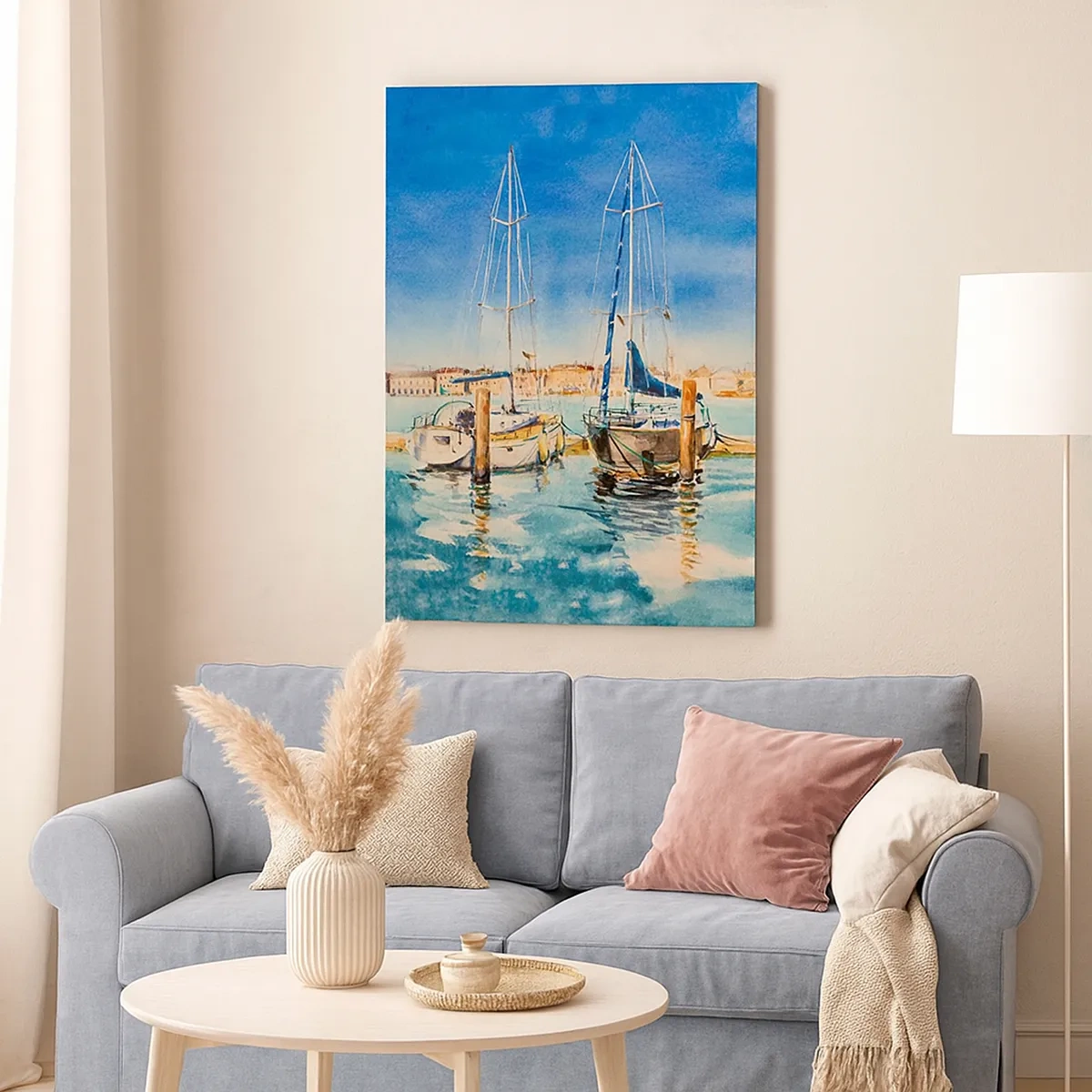 Impression sur toile - Image sur toile - Marina avec bateaux sur fond de lagon bleu - 50x70cm - Lagune ensoleillée - Décoration murale moderne pour le salon et la chambre ARTTOR