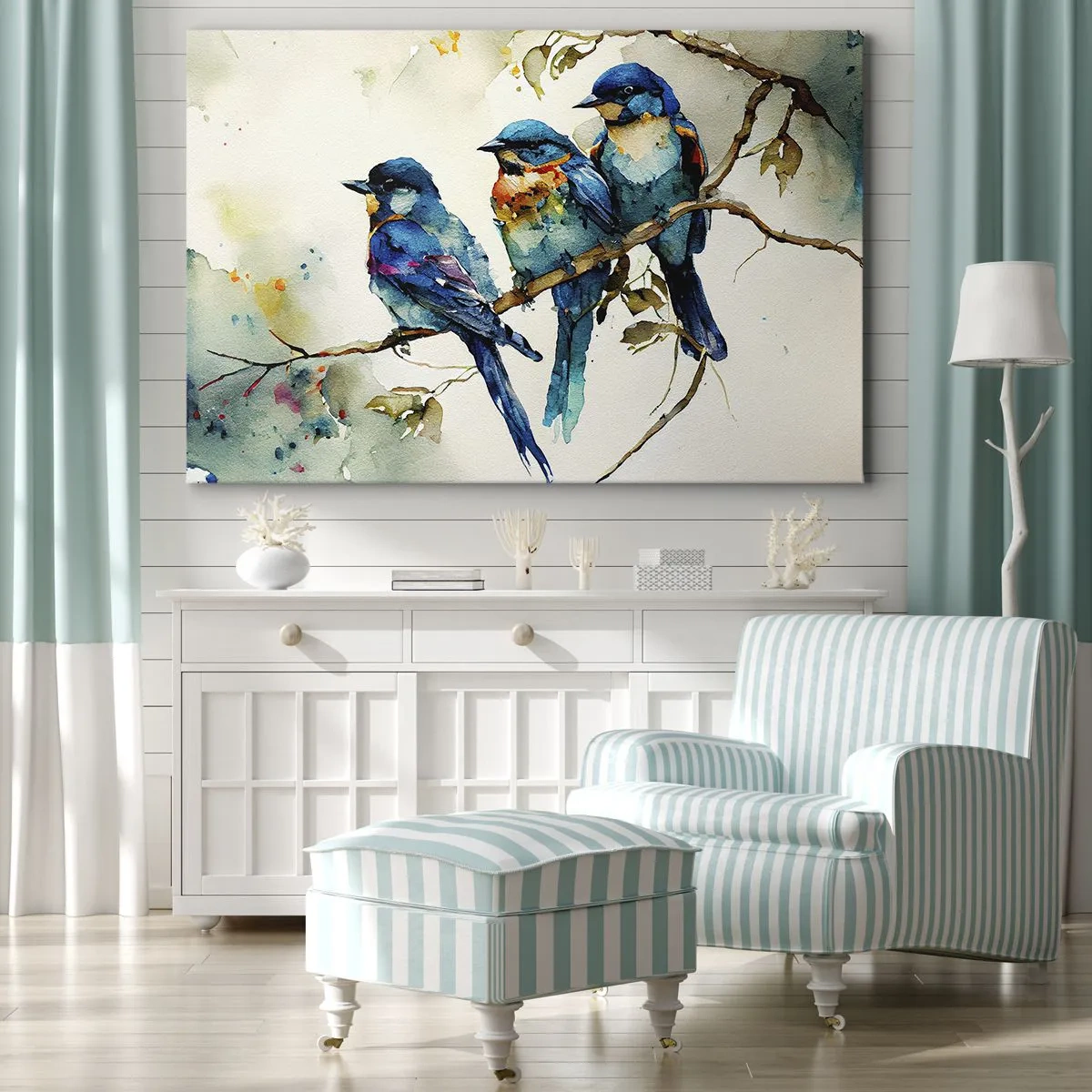 Impression sur toile - Image sur toile - Trois oiseaux colorés sur une branche dans un style aquarelle - 100x70cm - A-t-il été offensé ? - Décoration murale moderne pour le salon et la chambre ARTTOR
