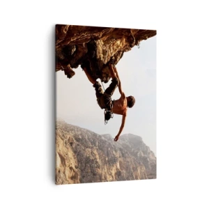 Impression sur toile - Image sur toile - Un grimpeur sur une falaise abrupte dans les montagnes au soleil - 50x70cm - Le monde rétréci dans une main sur une coupe de rocher - Décoration murale moderne pour le salon et la chambre ARTTOR