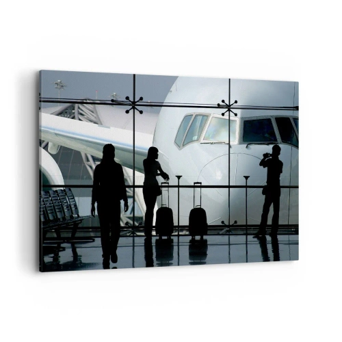 Impression sur toile - Image sur toile - Aéroport avec des silhouettes de personnes et une vue de l'avion - 120x80cm - Vis-à-vis de l'aéroport - Décoration murale moderne pour le salon et la chambre ARTTOR