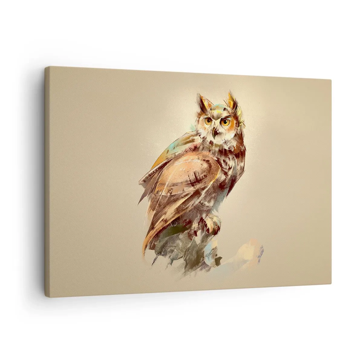 Impression sur toile - Image sur toile - Portrait artistique d'un hibou sur un fond clair dans des tons chauds. - 70x50cm - Le hibou le plus intelligent - confirmera la forêt de chênes - Décoration murale moderne pour le salon et la chambre ARTTOR