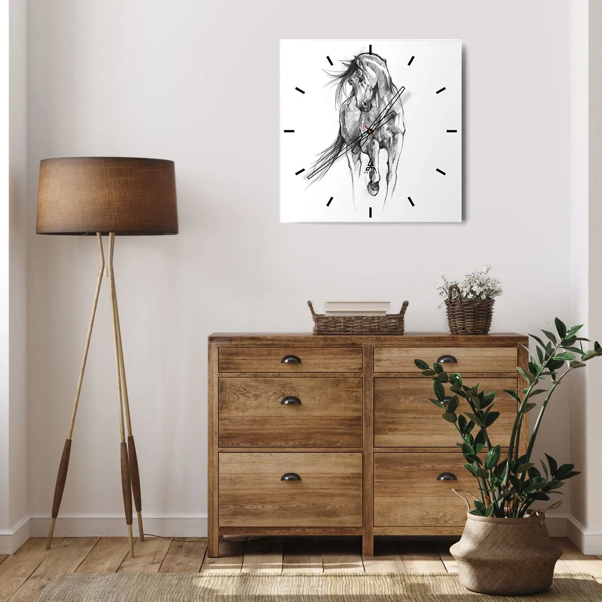 Horloge murale - Pendule murale - Croquis en noir et blanc d'un cheval au galop - 30x30cm - D'un trot gracieux - Décoration murale moderne pour le salon et la chambre ARTTOR