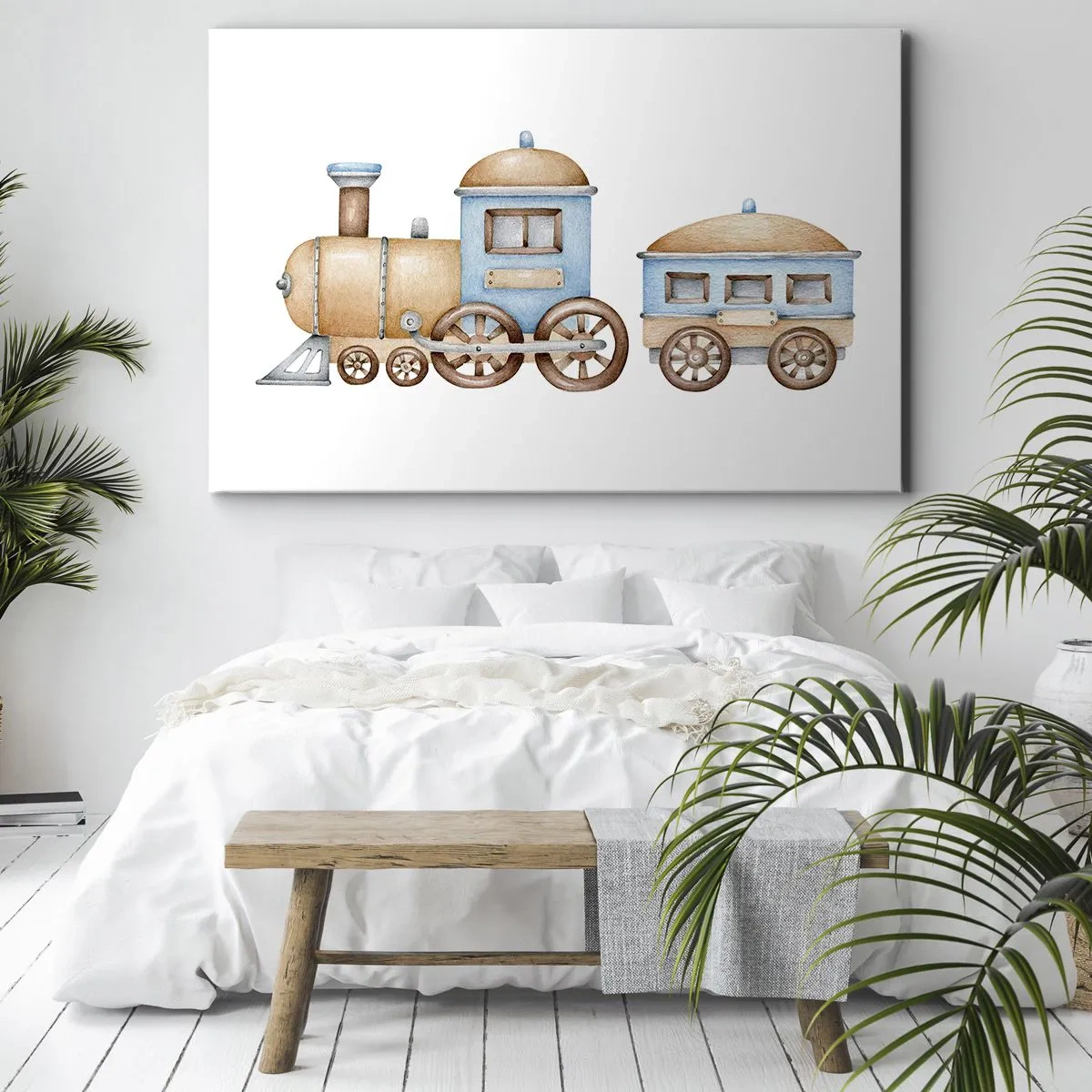 Impression sur toile - Image sur toile - Dessin d'un train aux tons pastel sur fond blanc - 120x80cm - Il est à la gare... - Décoration murale moderne pour le salon et la chambre ARTTOR