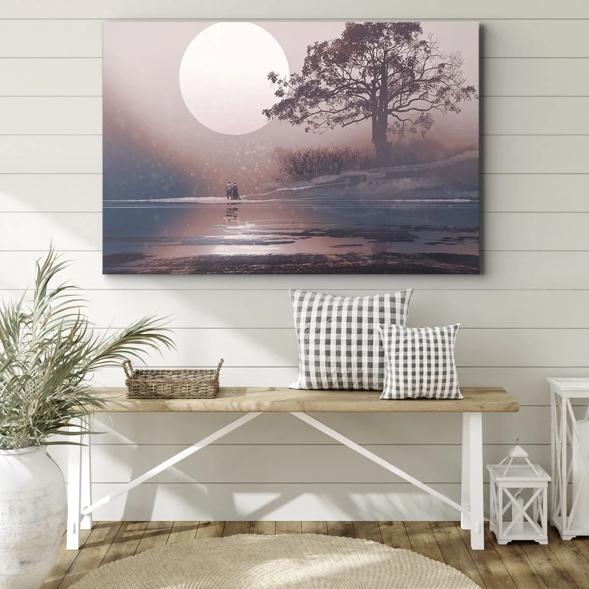 Impression sur toile - Image sur toile - Scène romantique avec la lune et un arbre au bord de l'eau - 100x70cm - Merveilles de la nuit - Décoration murale moderne pour le salon et la chambre ARTTOR