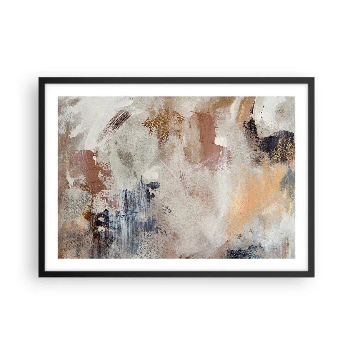 Affiche dans un cadre noir - Poster - Taches abstraites dans des tons neutres de beige et d'or - 70x50cm - Abstraction brumeuse - Décoration murale moderne pour le salon et la chambre ARTTOR