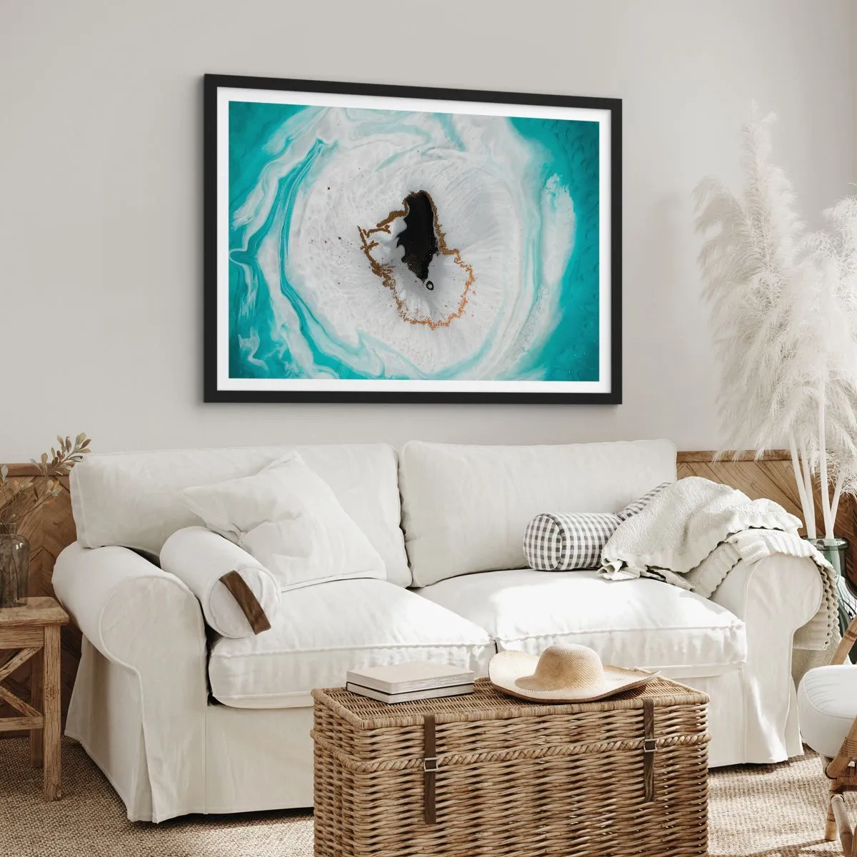 Affiche dans un cadre noir - Poster - Motif de géode abstrait dans des tons de turquoise, blanc et or - 100x70cm - Pénétrer à l'intérieur - Décoration murale moderne pour le salon et la chambre ARTTOR