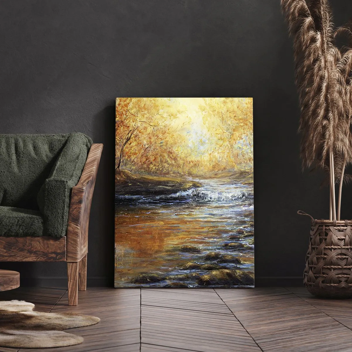 Impression sur toile - Image sur toile - Paysage d'automne avec une rivière parmi les arbres - 70x100cm - Le ruisseau d'or - Décoration murale moderne pour le salon et la chambre ARTTOR
