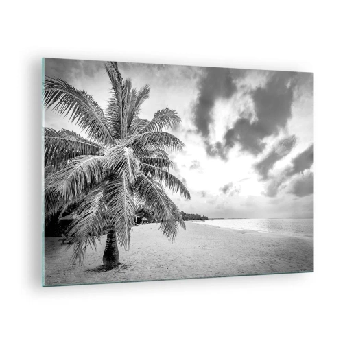 Impression sur verre - Image sur verre - Un palmier noir et blanc sur une plage déserte avec un ciel nuageux. - 70x50cm - Quand tu aspires à la solitude - Décoration murale moderne pour le salon et la chambre ARTTOR