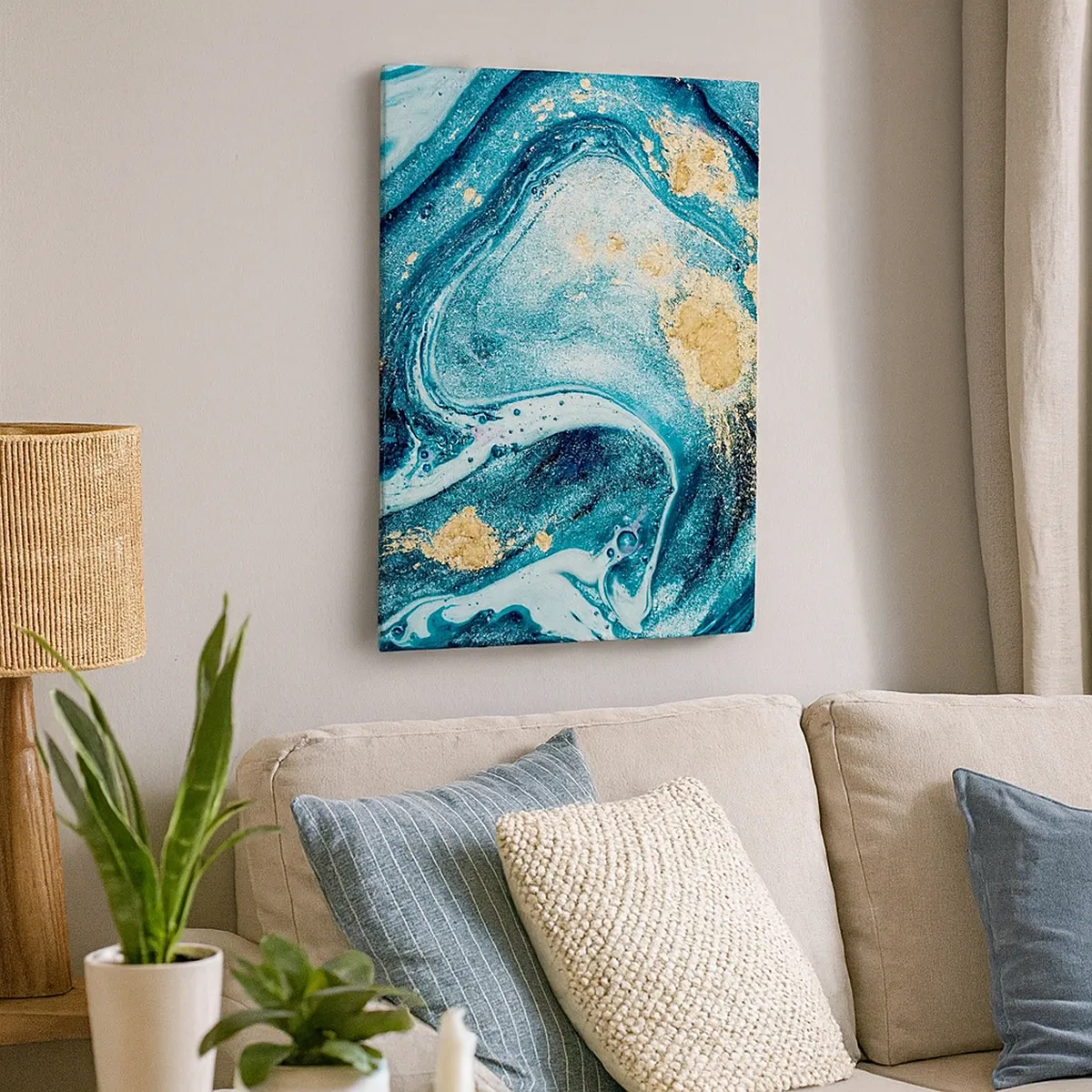Impression sur toile - Image sur toile - Une composition abstraite de vagues et d'accents dorés - 50x70cm - Vortex bleu - Décoration murale moderne pour le salon et la chambre ARTTOR