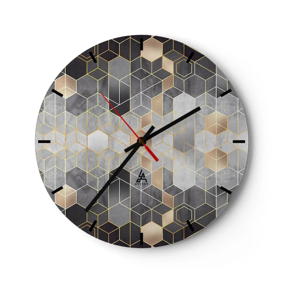 Horloge murale - Pendule murale - Mosaïque géométrique dans les tons de gris et d'or - 30x30cm - Composition de diamants - Décoration murale moderne pour le salon, la cuisine et la chambre ARTTOR