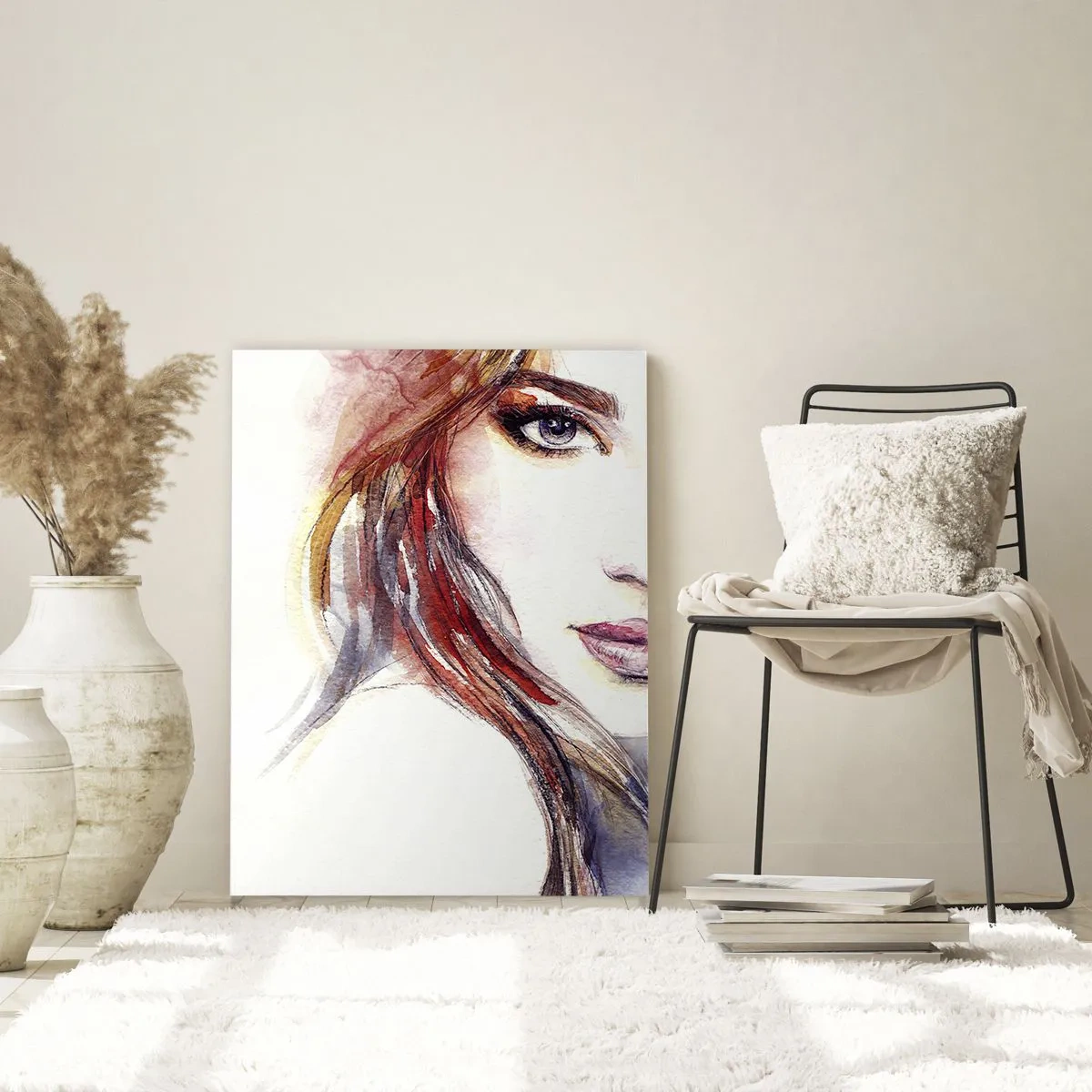 Impression sur verre - Image sur verre - Une aquarelle subtile du visage d'une femme au regard expressif. - 70x100cm - Vademecum - suivez-moi - Décoration murale moderne pour le salon et la chambre ARTTOR