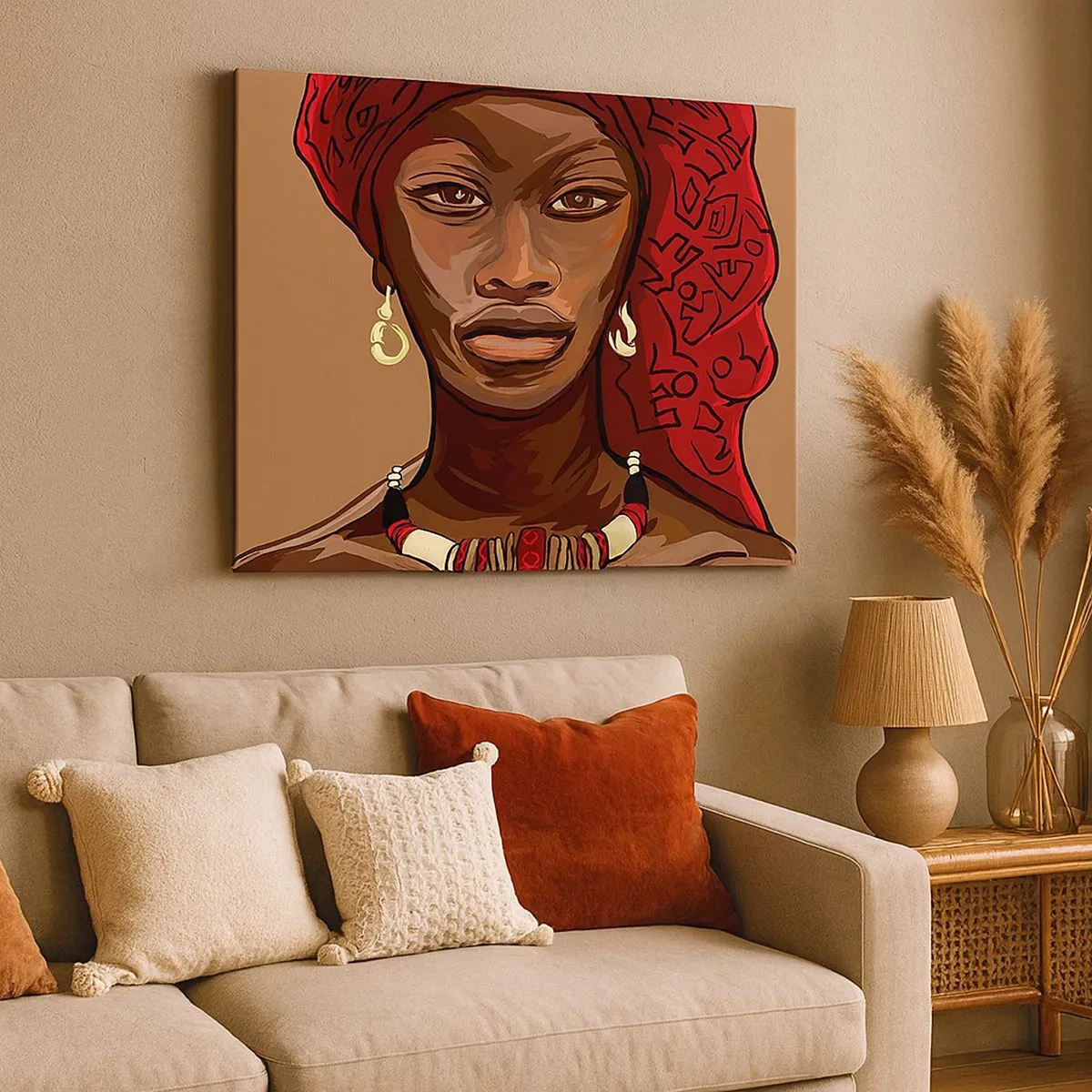 Impression sur toile - Image sur toile - Portrait d'une femme au turban rouge sur fond beige - 70x50cm - Vénus d'ébène - Décoration murale moderne pour le salon et la chambre ARTTOR