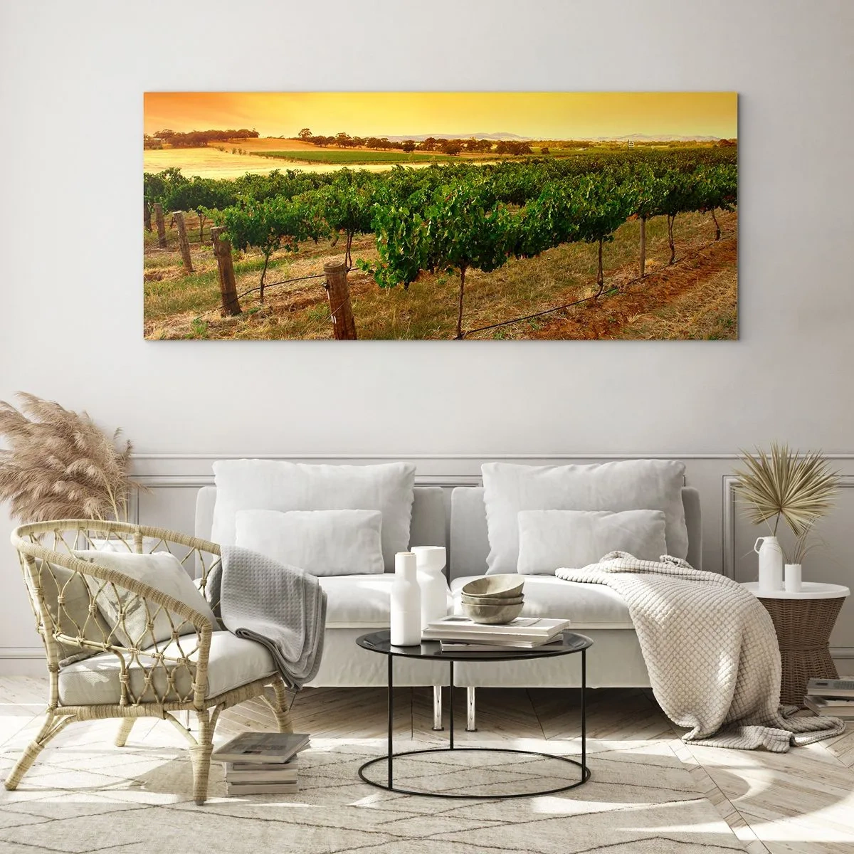 Impression sur verre - Image sur verre - Vignes dans une plantation au coucher du soleil doré - 160x50cm - S'abreuver du soleil - Décoration murale moderne pour le salon et la chambre ARTTOR