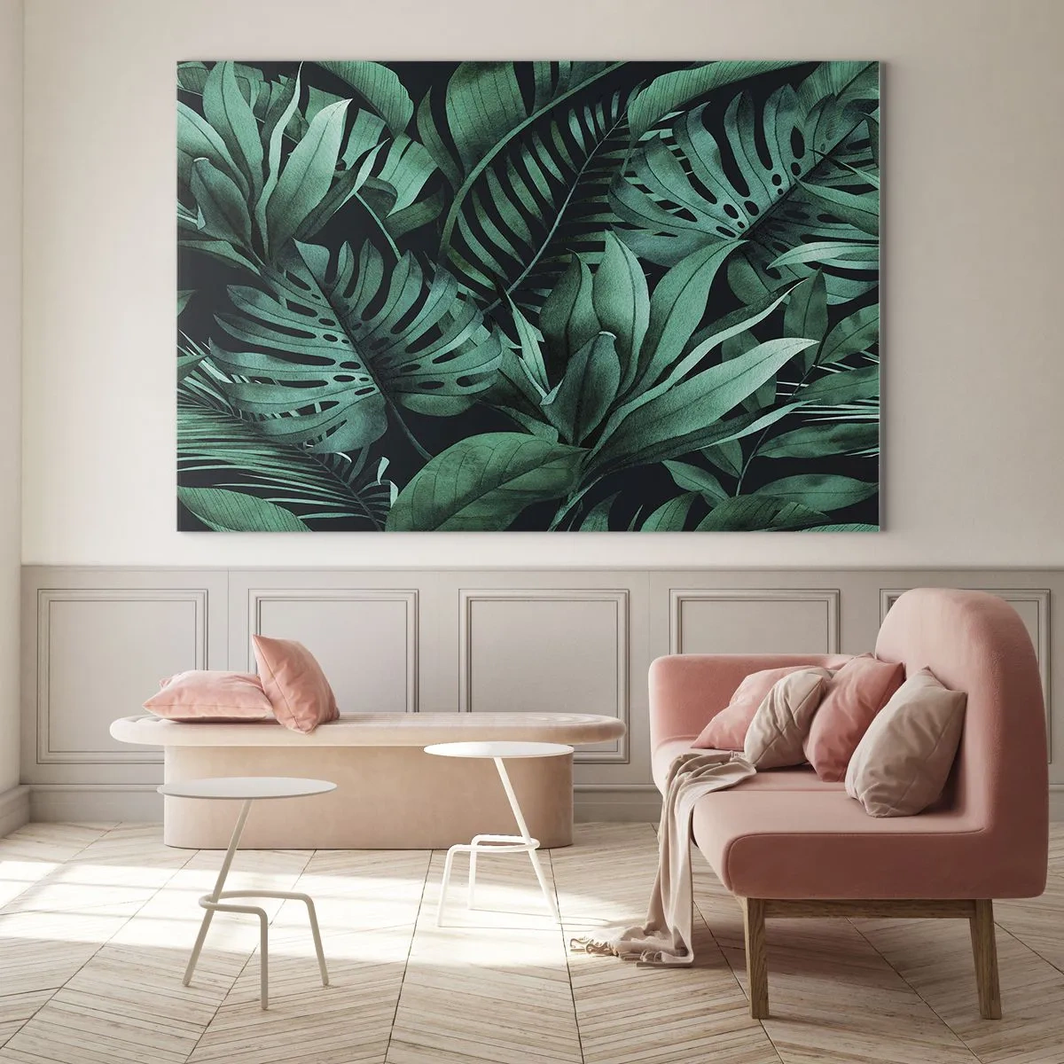 Impression sur verre - Image sur verre - Feuilles vertes luxuriantes dans une composition tropicale - 70x50cm - Profondeur du vert tropical - Décoration murale moderne pour le salon et la chambre ARTTOR