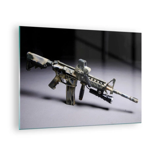 Impression sur verre - Image sur verre - Un fusil moderne sur un fond sombre avec un accent industriel - 70x50cm - Toujours menaçant - Décoration murale moderne pour le salon et la chambre ARTTOR