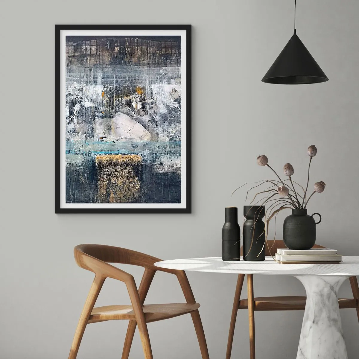 Affiche dans un cadre noir - Poster - Une composition abstraite dans des tons de gris et d'or. - 50x70cm - Comme sur la glace, comme après décembre - Décoration murale moderne pour le salon et la chambre ARTTOR