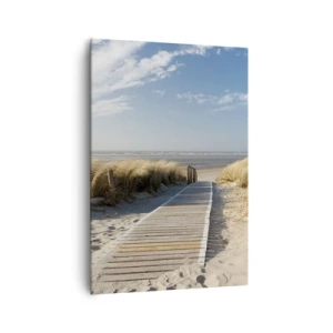 Impression sur toile - Image sur toile - Un chemin en bois mène à travers les dunes jusqu'à la mer calme - 70x100cm - Derrière la dune, dans le bruissement de l'herbe - Décoration murale moderne pour le salon et la chambre ARTTOR