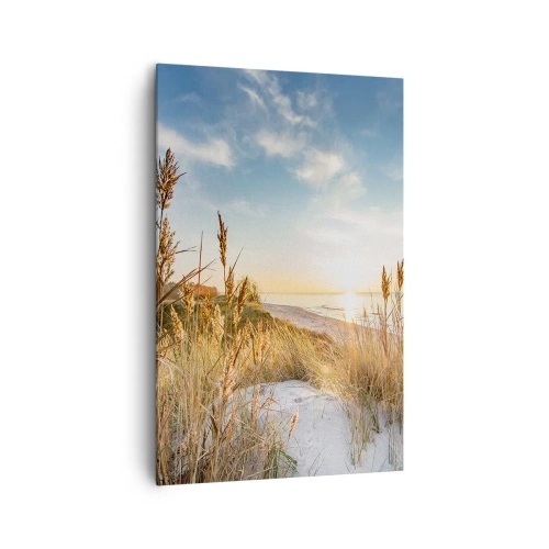 Impression sur toile - Image sur toile - Une plage pittoresque avec de l'herbe et le soleil couchant - 80x120cm - Plage du nord - Décoration murale moderne pour le salon et la chambre ARTTOR