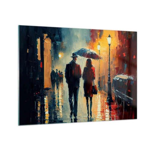 Impression sur verre - Image sur verre - Un couple avec un parapluie marchant dans une rue humide la nuit. - 70x50cm - Histoire d'amour urbaine - Décoration murale moderne pour le salon et la chambre ARTTOR
