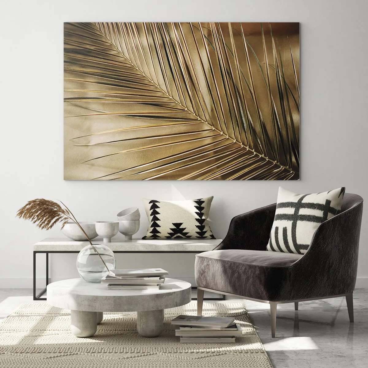 Impression sur verre - Image sur verre - Gros plan d'une feuille de palmier aux tons brun doré - 70x50cm - Colonnade naturelle - Décoration murale moderne pour le salon et la chambre ARTTOR