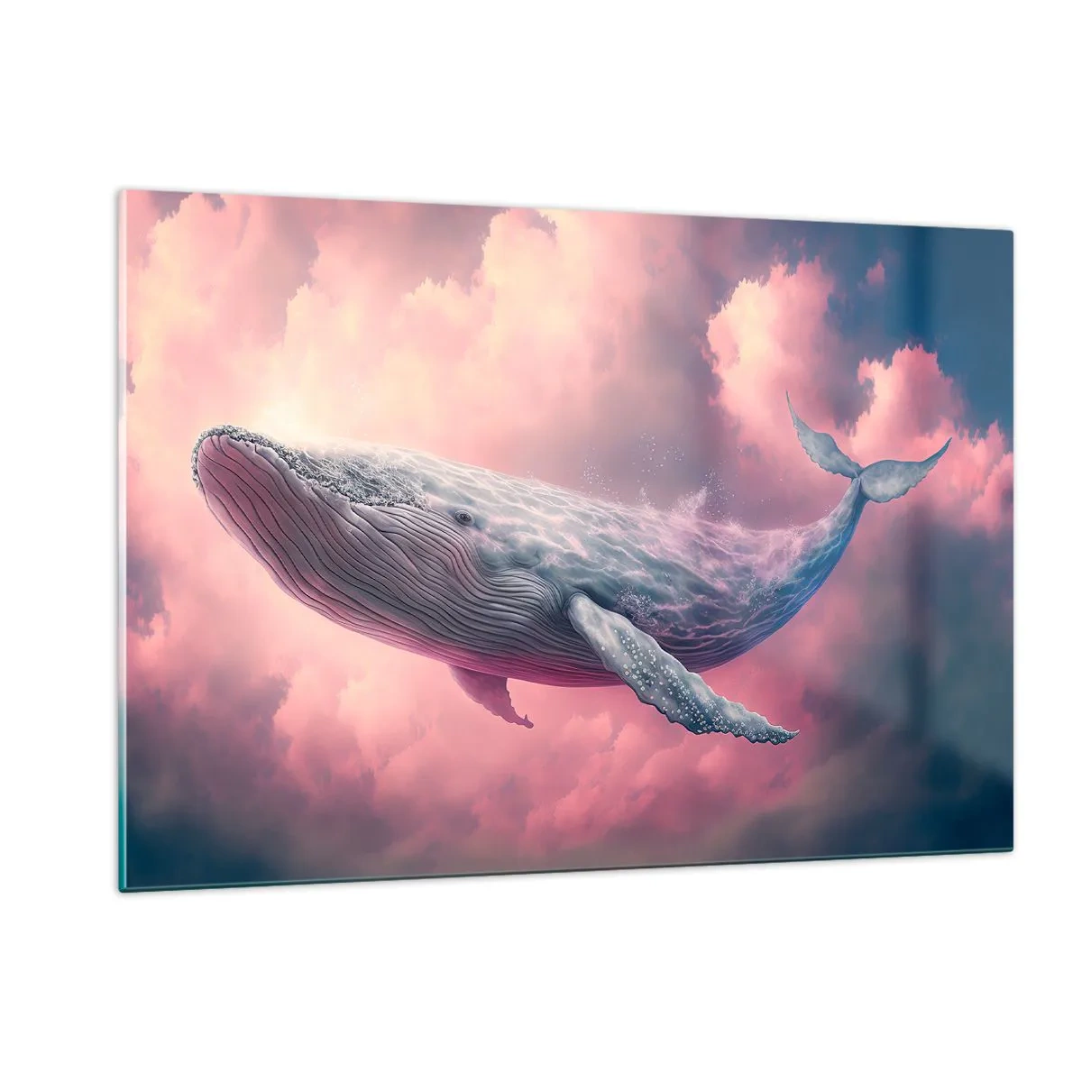 Impression sur verre - Image sur verre - Une baleine flottant dans les nuages avec une lueur rose - 120x80cm - Frottez-vous les yeux - Décoration murale moderne pour le salon et la chambre ARTTOR