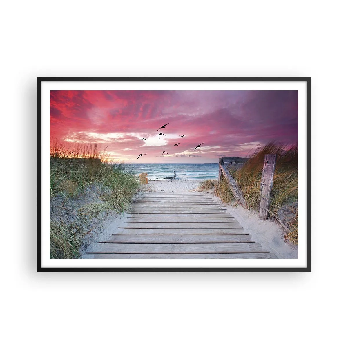 Affiche dans un cadre noir - Poster - Chemin en bois sur la plage au coucher du soleil rose - 100x70cm - Impression de la Baltique - Décoration murale moderne pour le salon et la chambre ARTTOR