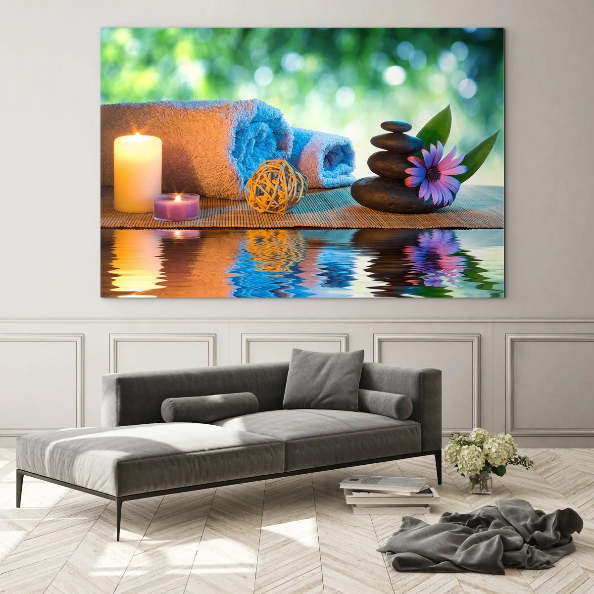 Impression sur verre - Image sur verre - Spa avec serviettes, bougies et pierres dans un décor naturel - 70x50cm - Temps pour le corps - Décoration murale moderne pour le salon et la chambre ARTTOR