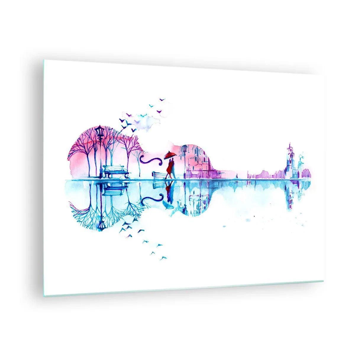 Impression sur verre - Image sur verre - Un paysage en forme de guitare dans un style aquarelle - 70x50cm - Je vous apporterai de cantiques de pluie - Décoration murale moderne pour le salon et la chambre ARTTOR
