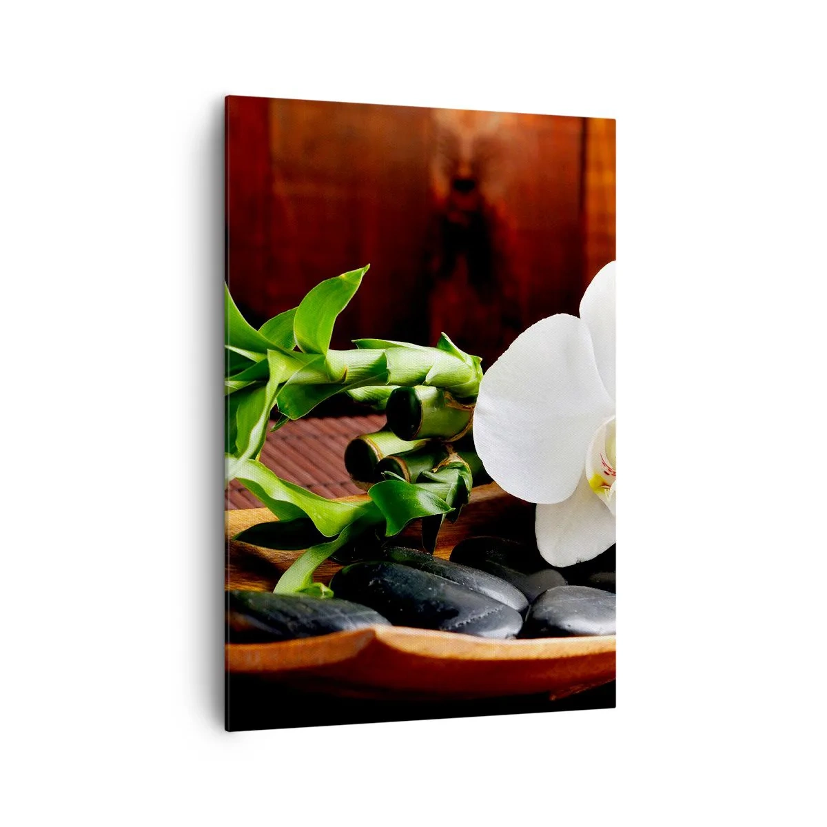 Impression sur toile - Image sur toile - Orchidée blanche avec bambou sur fond de pierre de style zen - 70x100cm - Cédez au contact de la nature - Décoration murale moderne pour le salon et la chambre ARTTOR