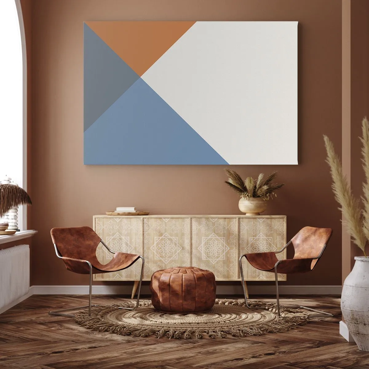 Impression sur toile - Image sur toile - Triangles géométriques dans les tons de bleu et d'orange - 120x80cm - Sous cette angle.... - Décoration murale moderne pour le salon et la chambre ARTTOR