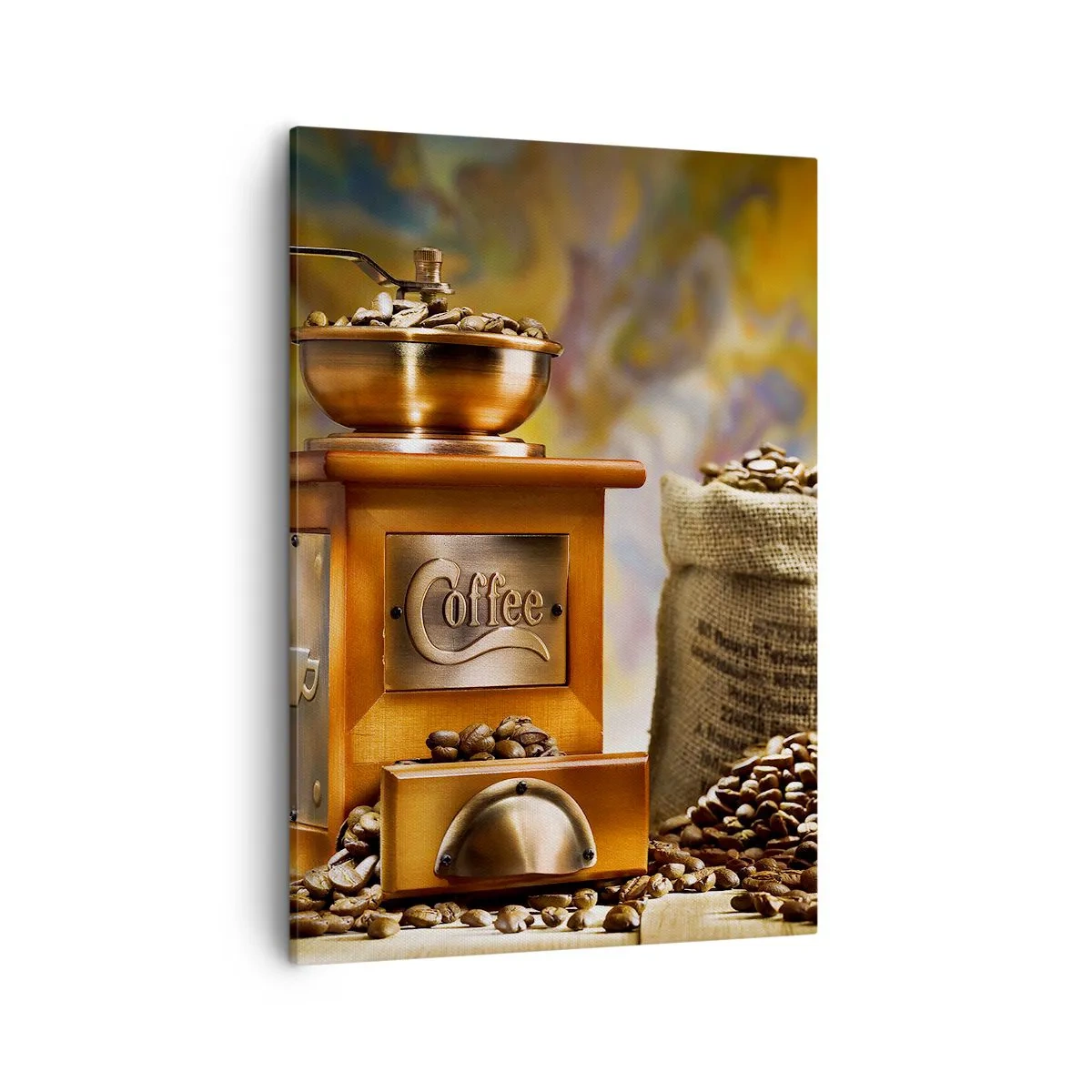 Impression sur toile - Image sur toile - Moulin à café avec des grains et une tasse en arrière-plan - 50x70cm - Le craquement des grains, le cliquetis d'un moulin - Décoration murale moderne pour le salon et la chambre ARTTOR