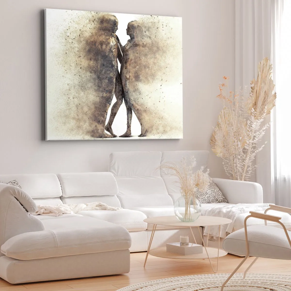Impression sur toile - Image sur toile - Un duo abstrait de silhouettes aux tons sable - 70x50cm - Ils sont sortis de la poussière pour aimer - Décoration murale moderne pour le salon et la chambre ARTTOR