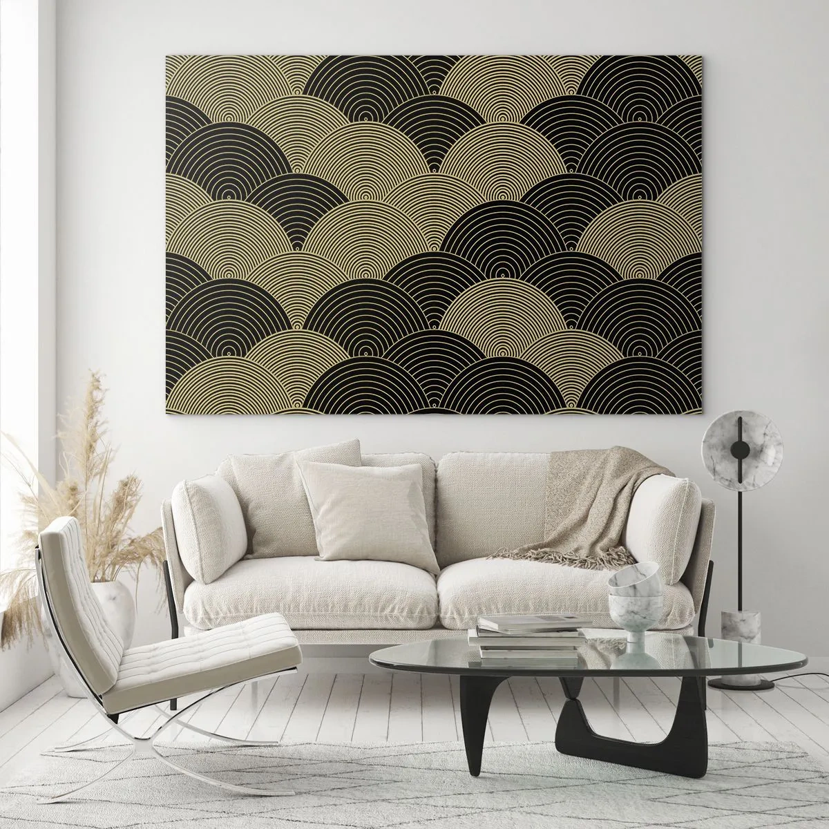 Impression sur verre - Image sur verre - Demi-cercles dorés selon un motif japonais régulier - 70x50cm - Unité dans la multiplicité - Décoration murale moderne pour le salon et la chambre ARTTOR
