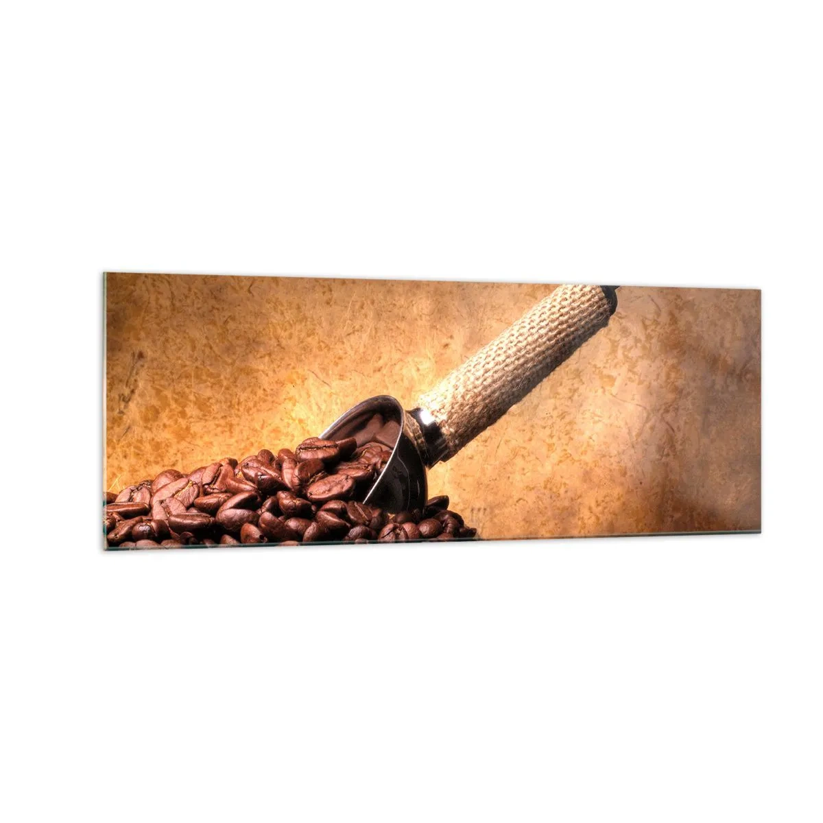 Impression sur verre - Image sur verre - Grains de café dans un sac en jute avec une cuillère en métal - 140x50cm - A la source de la saveur - Décoration murale moderne pour le salon et la chambre ARTTOR