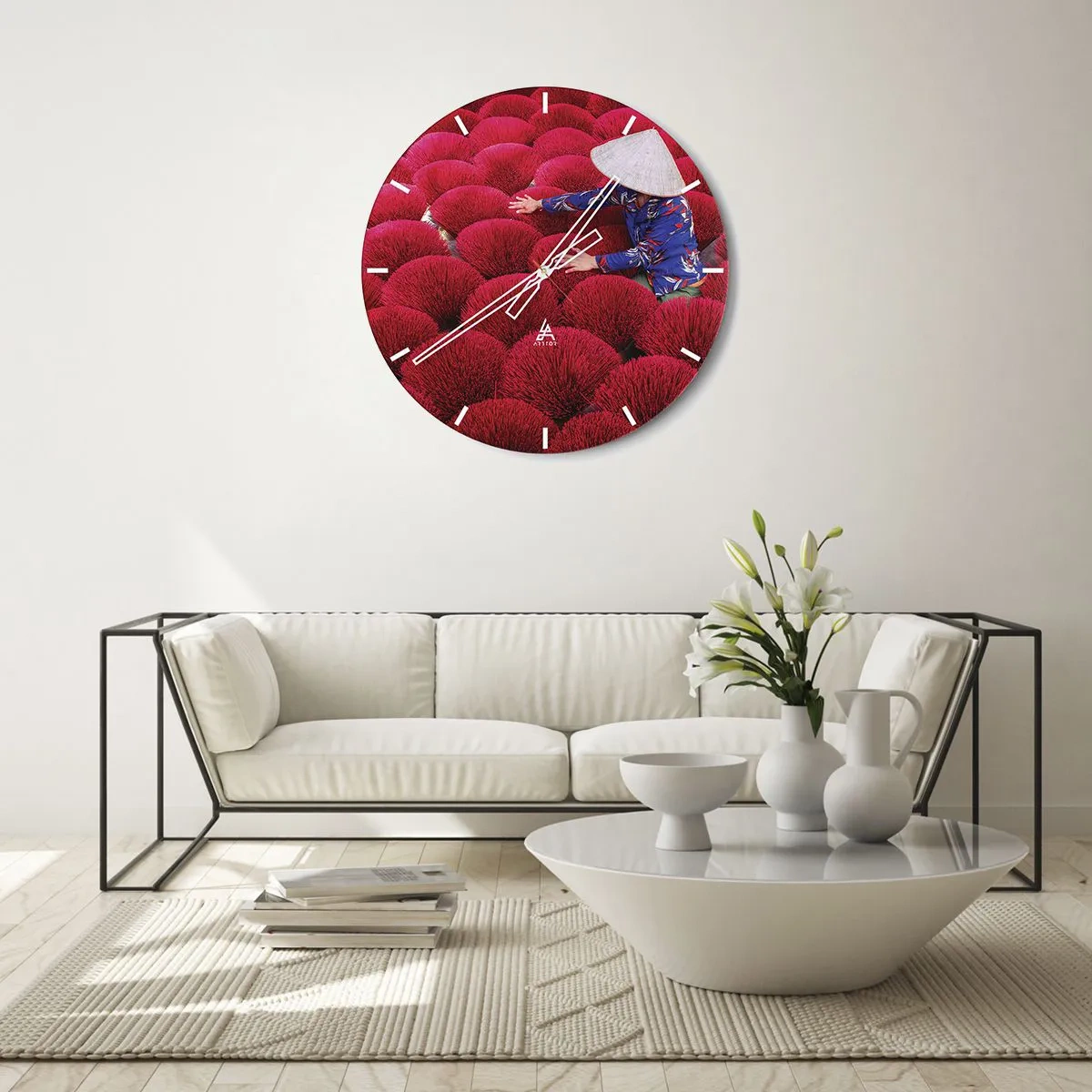 Horloge murale - Pendule murale - Séchage de bâtons d'encens rouges dans un champ traditionnel - 30x30cm - Dans un champ de riz - Décoration murale moderne pour le salon, la cuisine et la chambre ARTTOR