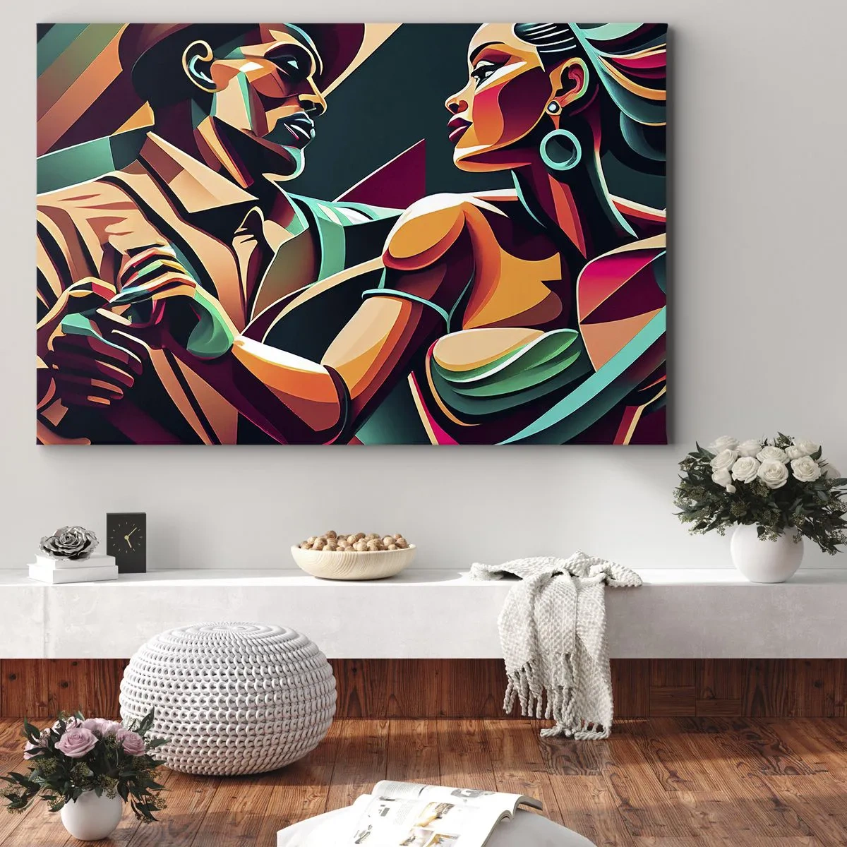 Impression sur toile - Image sur toile - Un couple stylisé dansant dans des couleurs vibrantes et géométriques. - 120x80cm - Au rythme du coeur - Décoration murale moderne pour le salon et la chambre ARTTOR