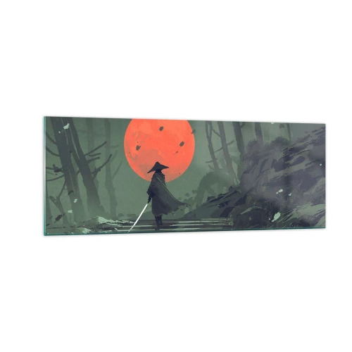 Impression sur verre - Image sur verre - Un guerrier solitaire avec une épée sur fond de lune rouge dans une forêt sombre. - 140x50cm - Guerrier de la lune rouge - Décoration murale moderne pour le salon et la chambre ARTTOR