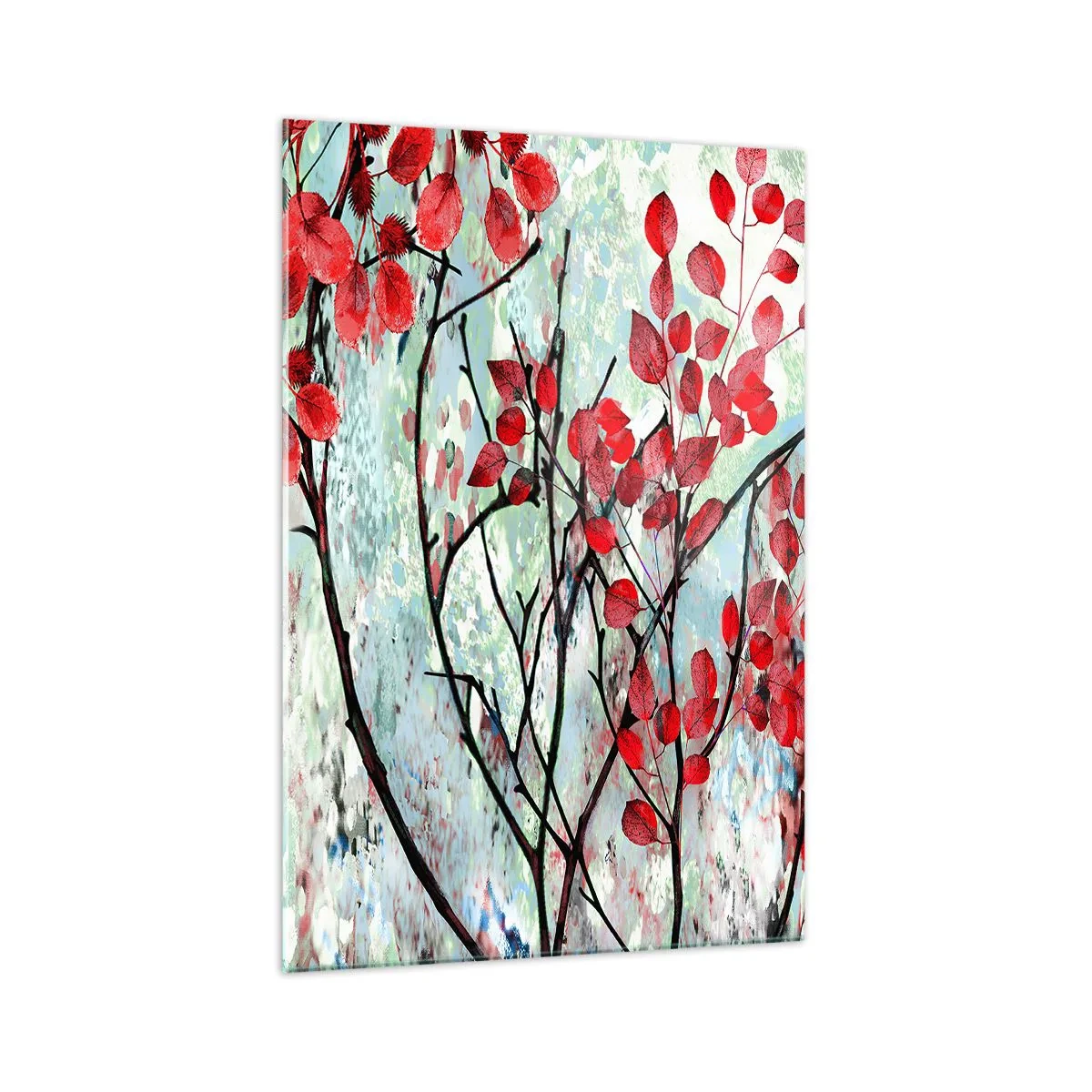 Impression sur verre - Image sur verre - Feuilles rouges sur un ciel lumineux avec des motifs abstraits - 70x100cm - Arbre en écarlate - Décoration murale moderne pour le salon et la chambre ARTTOR