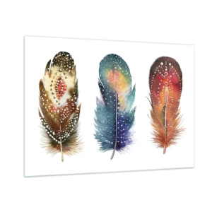Impression sur verre - Image sur verre - Trois plumes colorées aux motifs ethniques - 100x70cm - Rituels, cérémonies, secrets - Décoration murale moderne pour le salon et la chambre ARTTOR