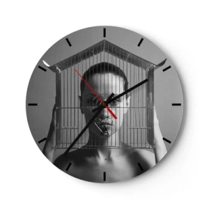 Horloge murale - Pendule murale - Femme avec une cage sur le visage en noir et blanc - 30x30cm - Portrait un peu surréaliste - Décoration murale moderne pour le salon, la cuisine et la chambre ARTTOR