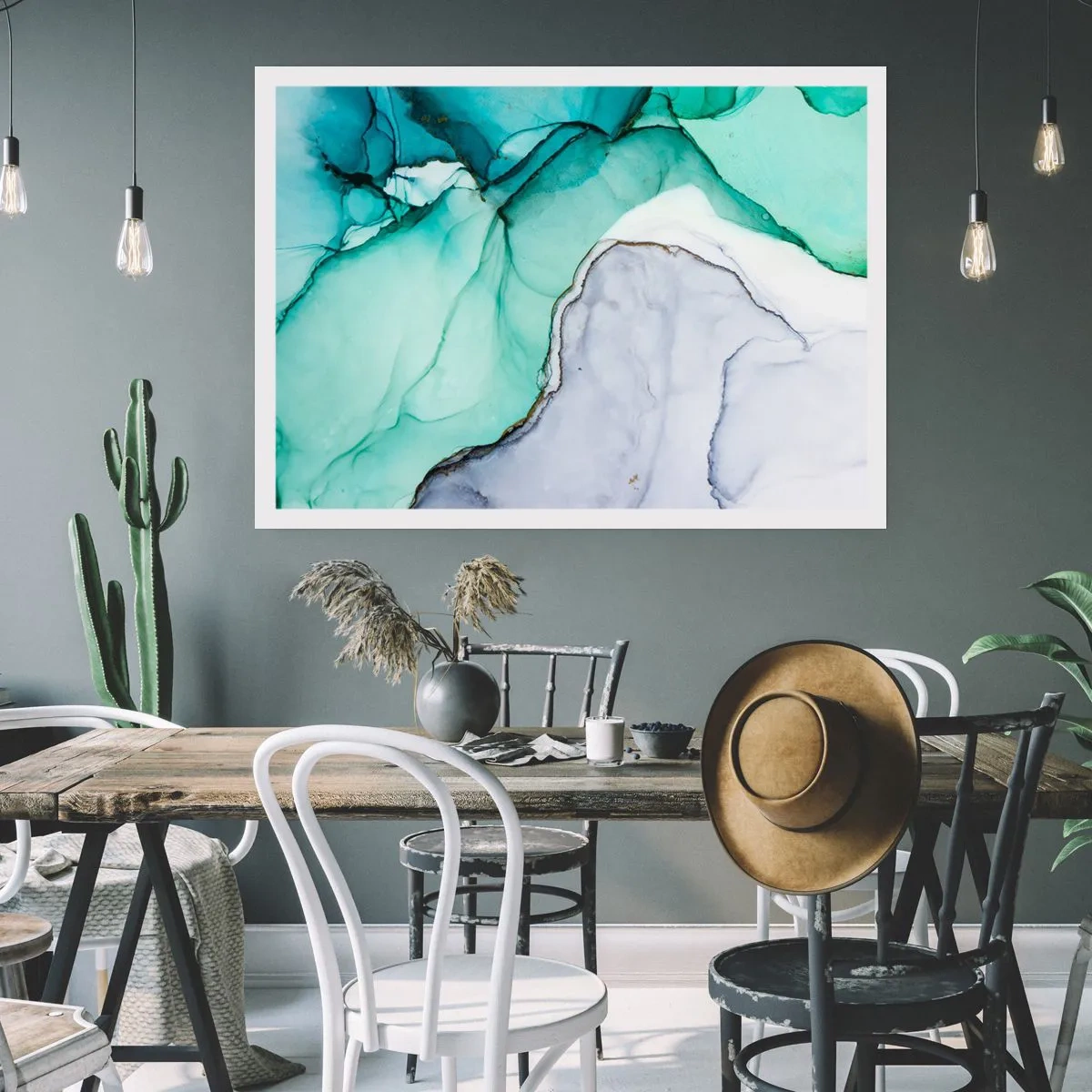 Affiche - Poster - Motif abstrait dans les tons turquoise et blanc - 100x70cm - Étude de turquoise - Décoration murale moderne pour le salon et la chambre ARTTOR