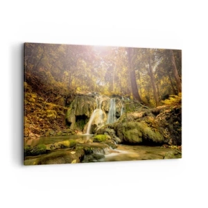 Impression sur toile - Image sur toile - Une cascade forestière sous les rayons du soleil, entourée de verdure - 100x70cm - Cascade de forêt en vert - Décoration murale moderne pour le salon et la chambre ARTTOR