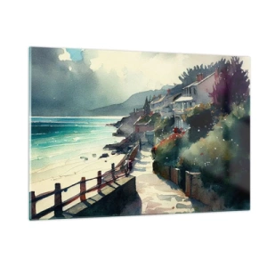 Impression sur verre - Image sur verre - Une promenade en bord de mer avec des maisons colorées et de l'eau - 120x80cm - Ville méditerranéenne - Décoration murale moderne pour le salon et la chambre ARTTOR