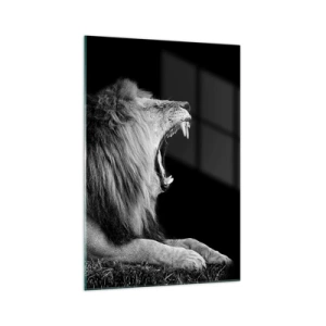 Impression sur verre - Image sur verre - Un lion rugissant sur fond noir dans des tons noir et blanc - 70x100cm - Sans aucun doute - Décoration murale moderne pour le salon et la chambre ARTTOR