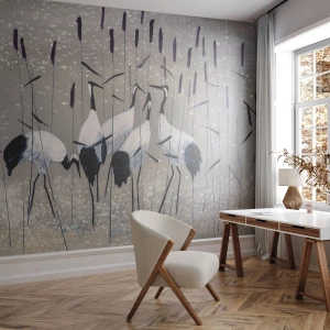 Papier Peint Photo Premium Sand - Parmi les siens - Grue, Oiseau, Nature - 250x175 cm