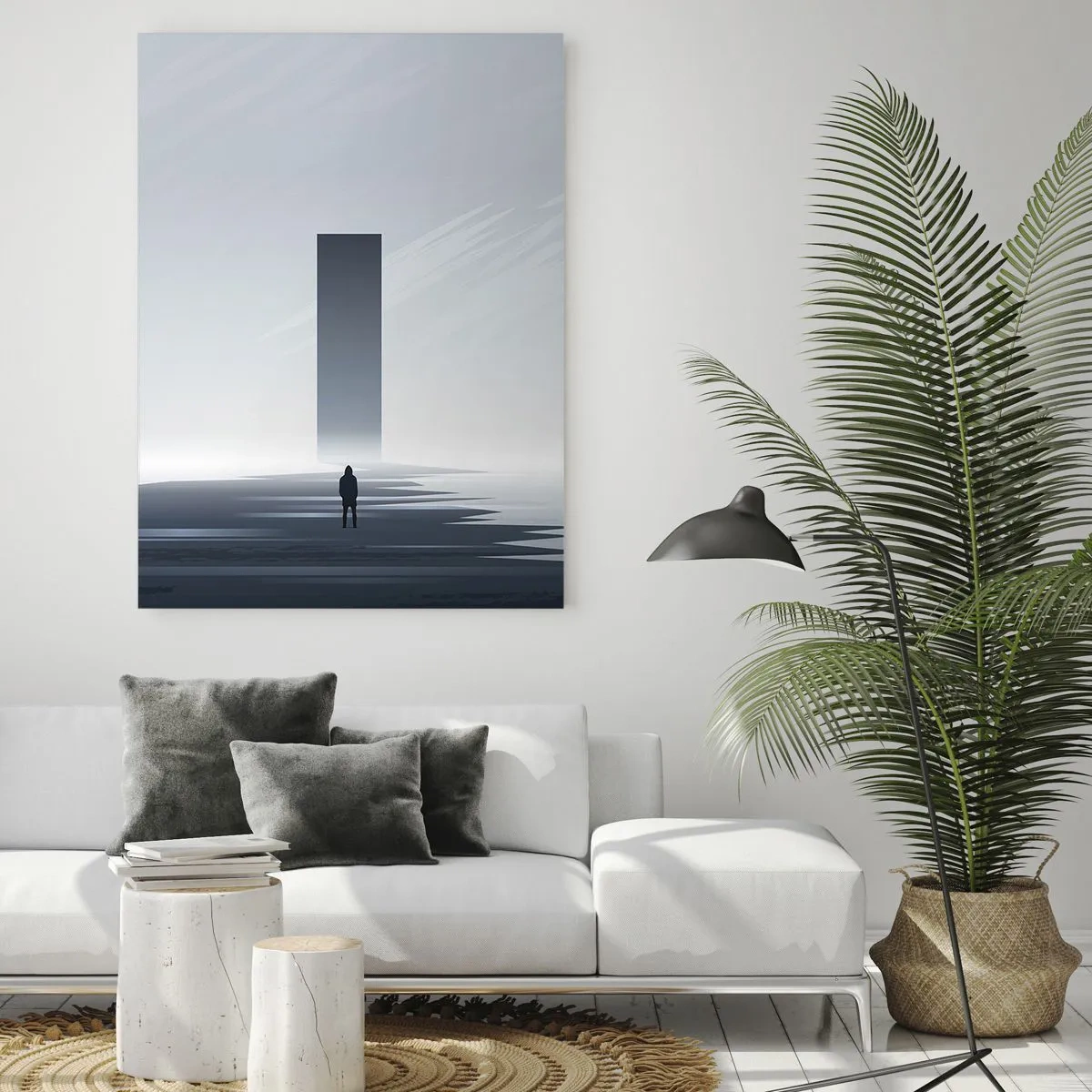 Impression sur verre - Image sur verre - Un paysage minimaliste avec une silhouette à côté d'un monolithe rectangulaire - 70x100cm - Opportunité ou menace ? - Décoration murale moderne pour le salon et la chambre ARTTOR