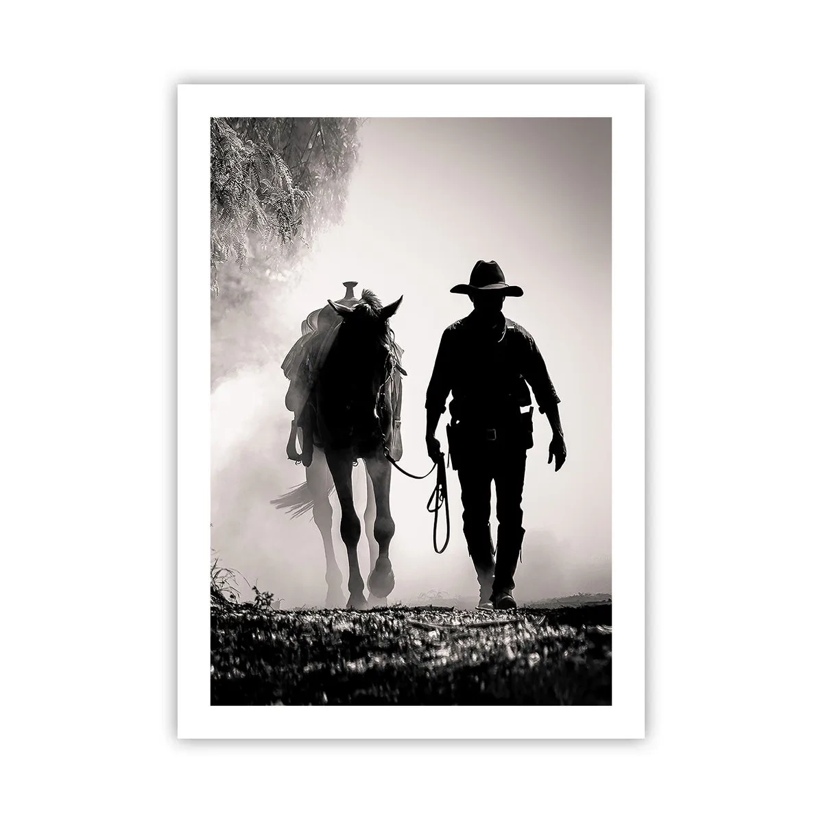 Affiche - Poster - Silhouette d'un cow-boy avec son cheval dans le brouillard matinal - 50x70cm - Matinée texane - Décoration murale moderne pour le salon et la chambre ARTTOR
