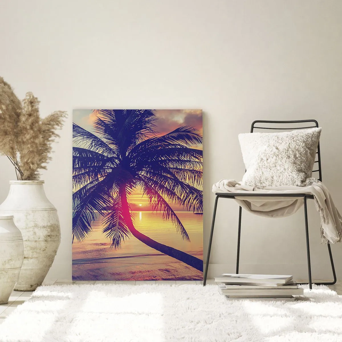Impression sur verre - Image sur verre - Coucher de soleil avec un palmier sur un rivage tranquille - 80x120cm - Soirée sous les palmiers - Décoration murale moderne pour le salon et la chambre ARTTOR